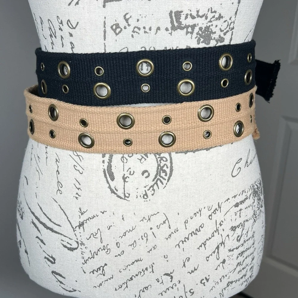 Two Canvas Double Row Grommet Belts Double Ring Closure 36 Inches Black/ Tan